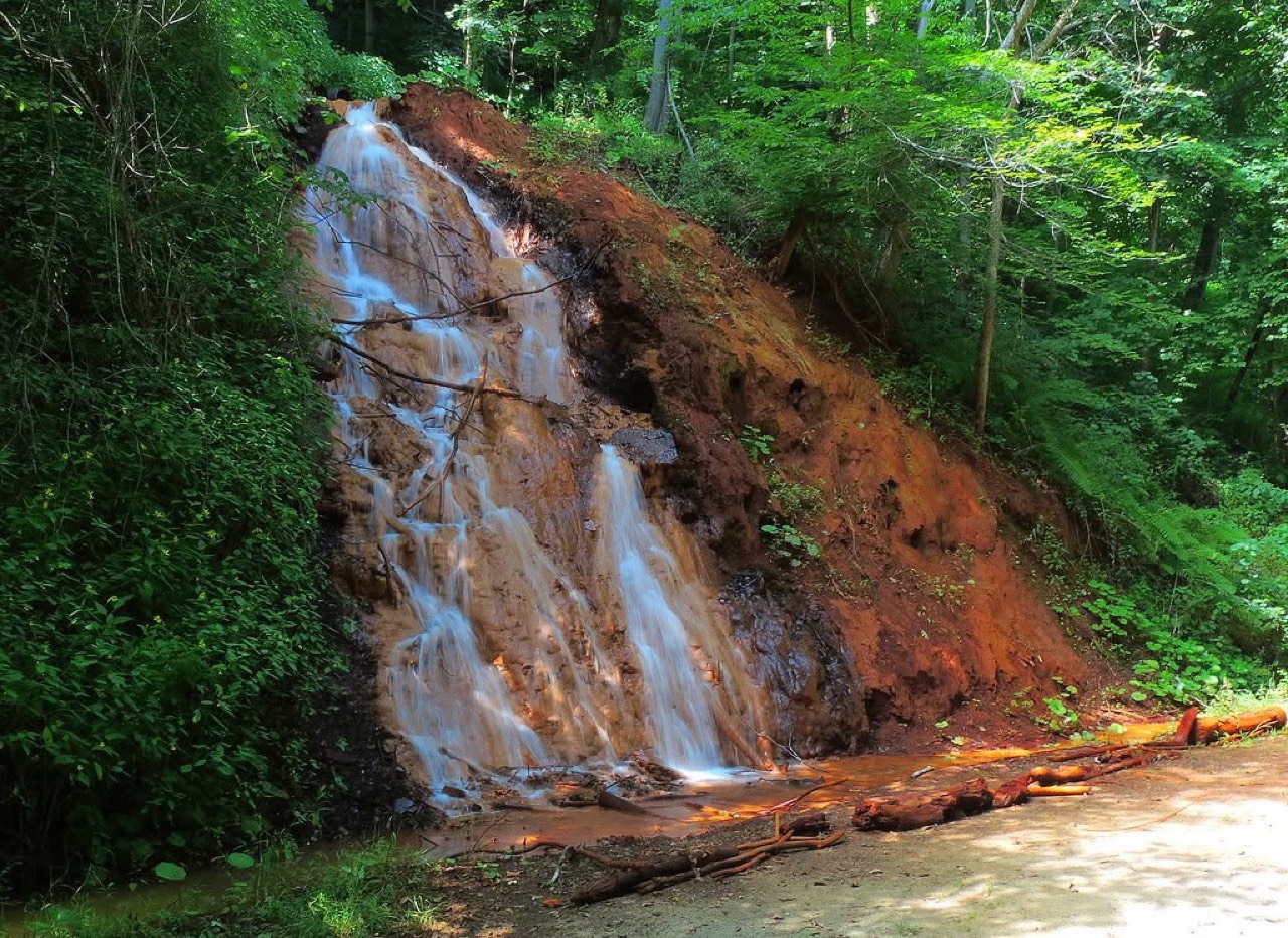 A red waterfall along the Boston Trail